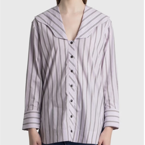 Ganni Tops - GANNI V Neck Stripe OverSized Cotton Poplin Purple Shirt Size 32